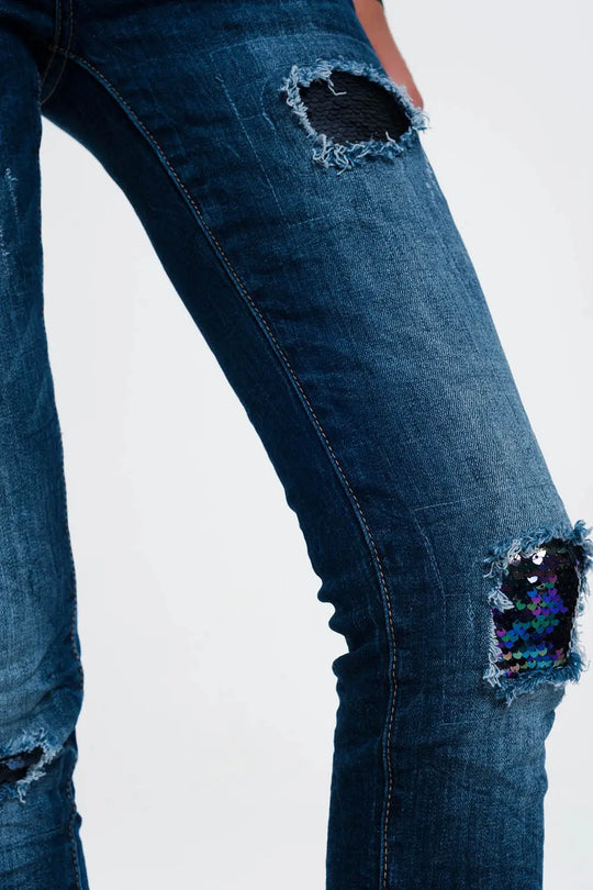 Q2 jean à sequins et déchirures