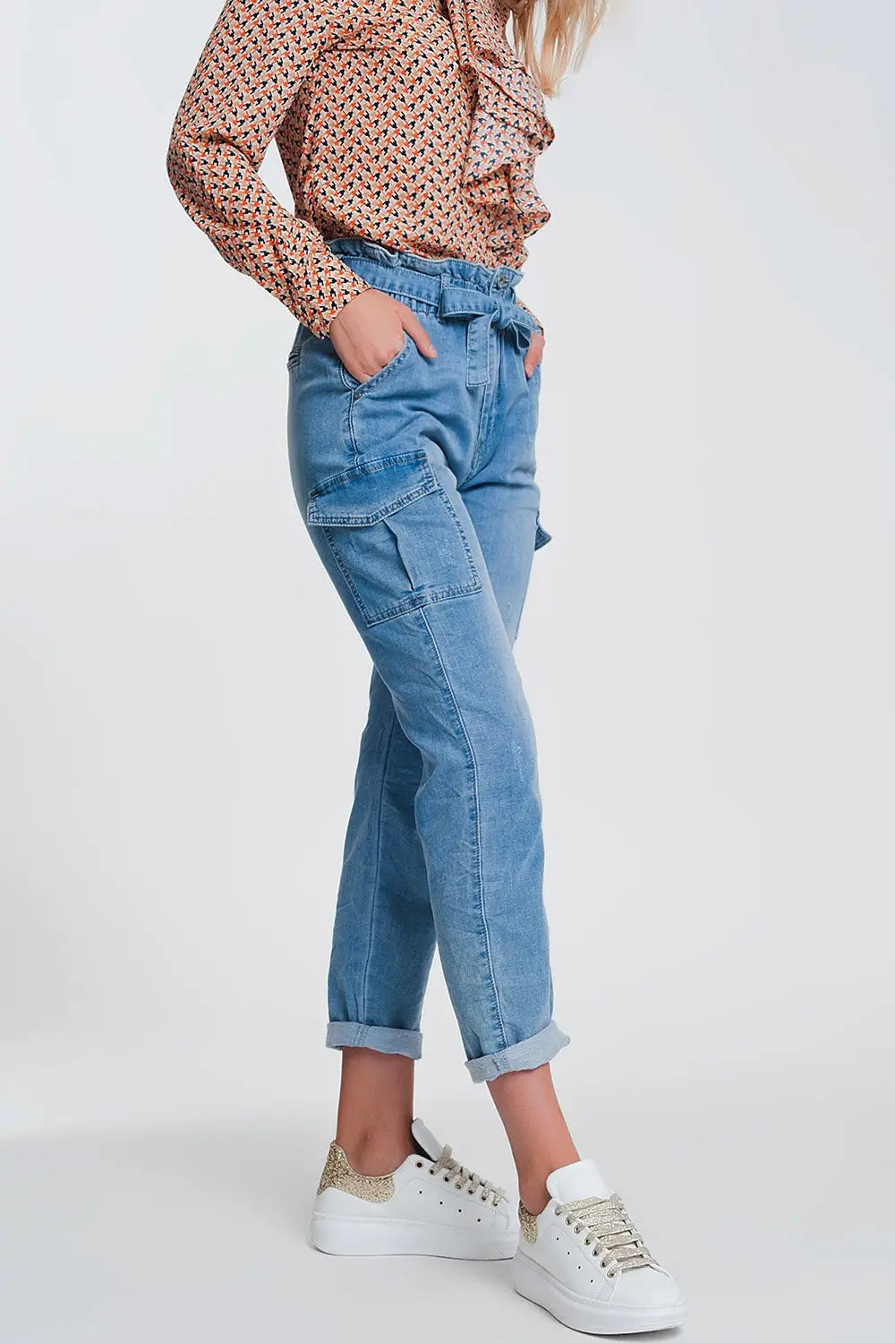 Jean à taille haute froncée Bleu clair - Pantalons