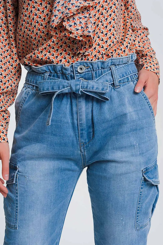 Jean à taille haute froncée Bleu clair - Pantalons