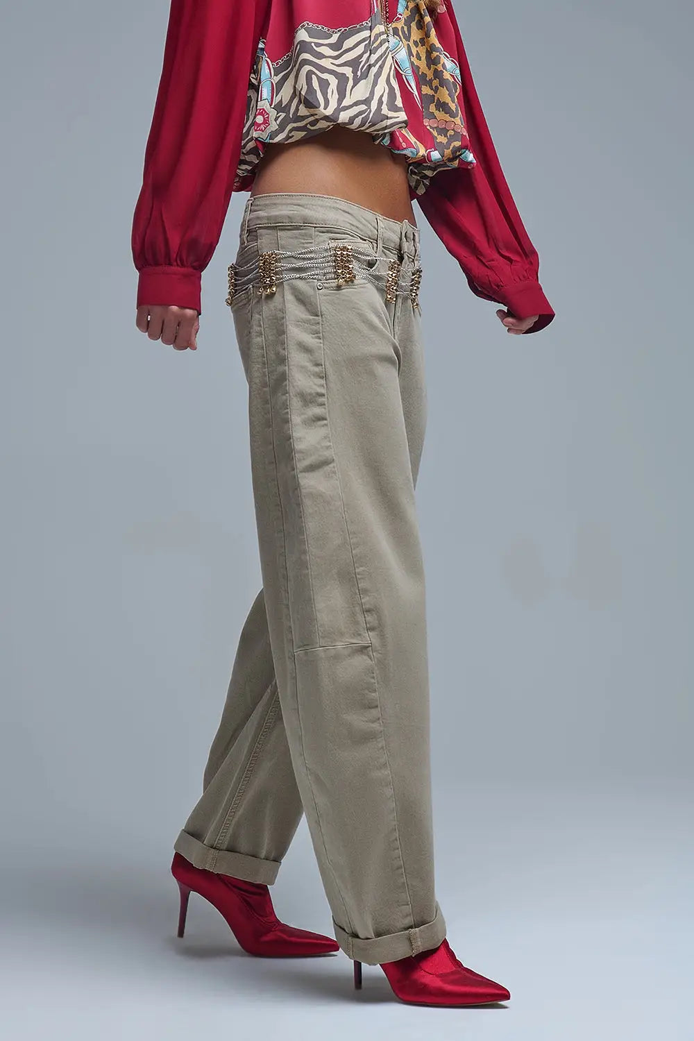 Jean ballon Barrel beige tendance avec poches - Pantalons