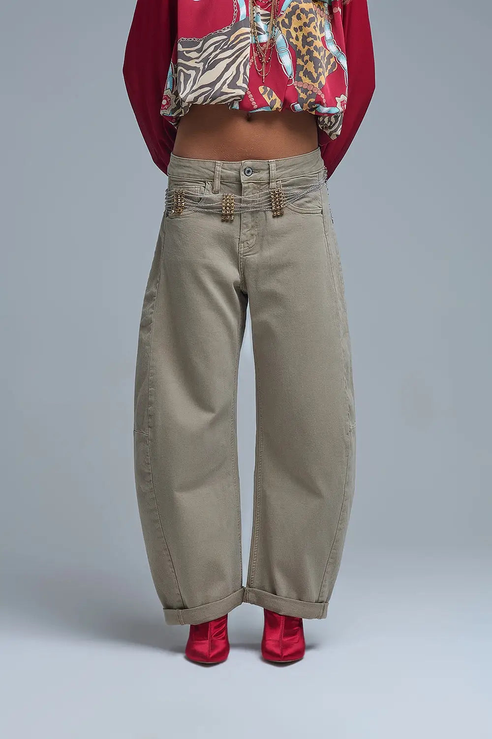 Q2 Jean ballon Barrel beige tendance avec poches
