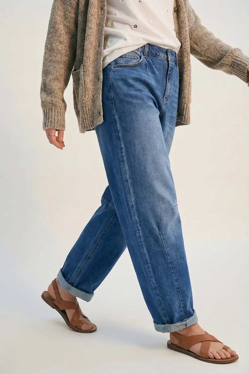 jean Barrel à délavage moyen avec coutures au genou - Pantalons