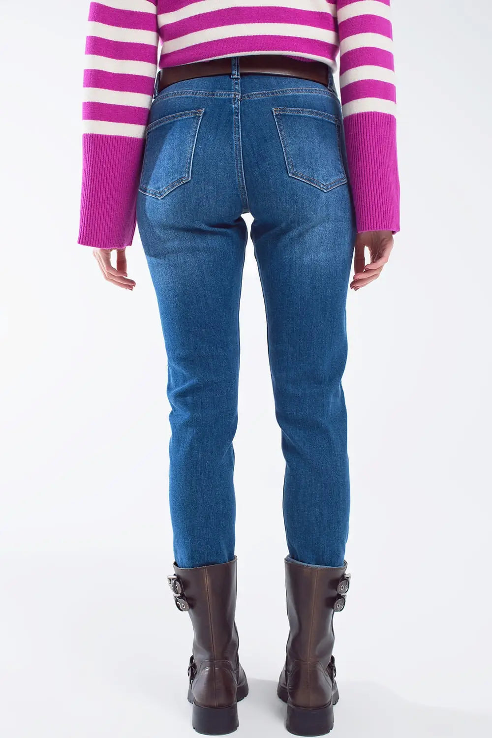 Jean basique à bretelles avec poches latérales délavé moyen - Pantalons