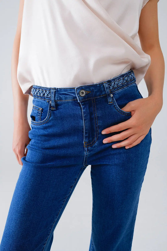 Jean basique en denim bleu foncé avec tresse à la taille - Pantalons