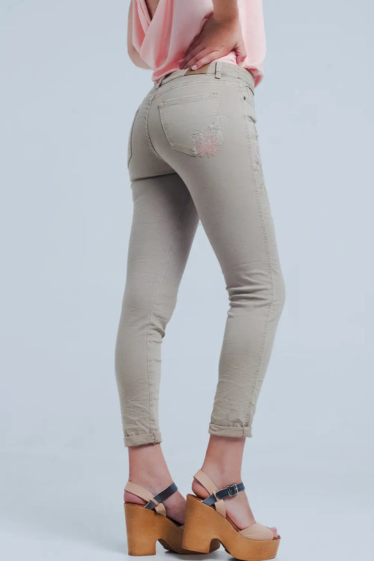 Jean beige brodé de fleurs - Pantalons