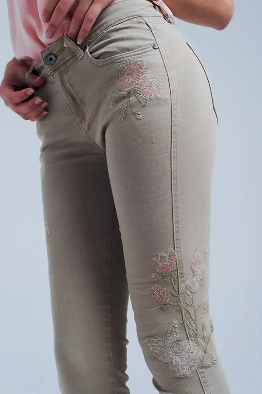 Jean beige brodé de fleurs - Pantalons