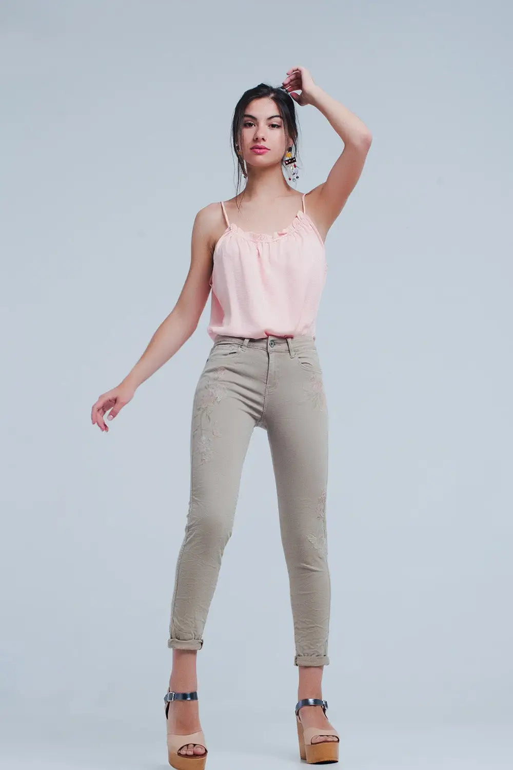Jean beige brodé de fleurs - Pantalons
