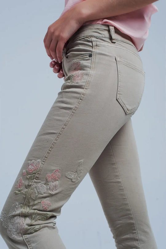 Jean beige brodé de fleurs - Pantalons
