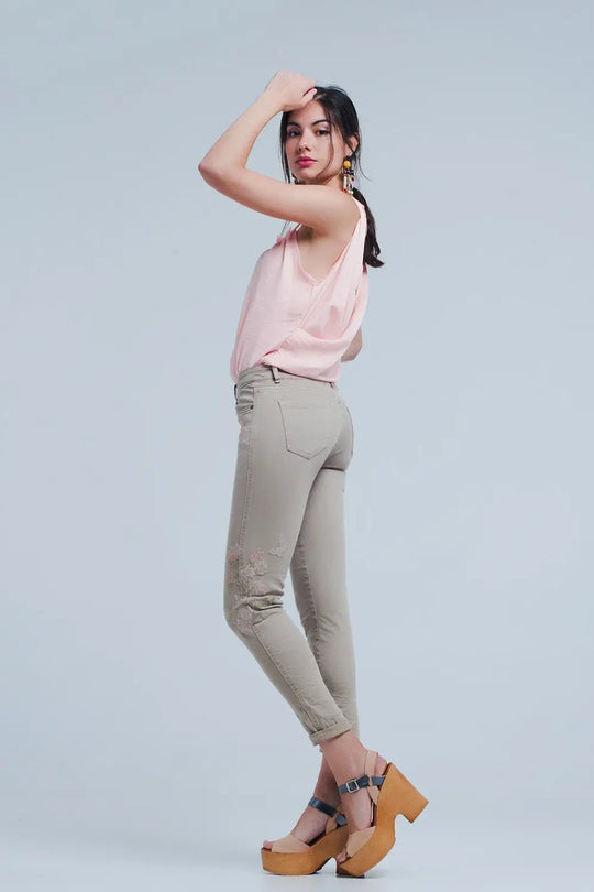 Jean beige brodé de fleurs - Pantalons