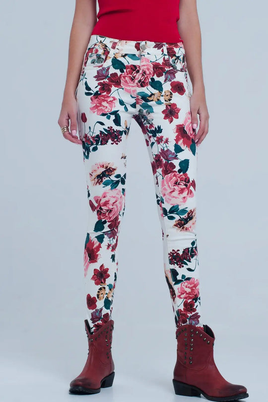 Jean blanc avec imprimé roses - Pantalons