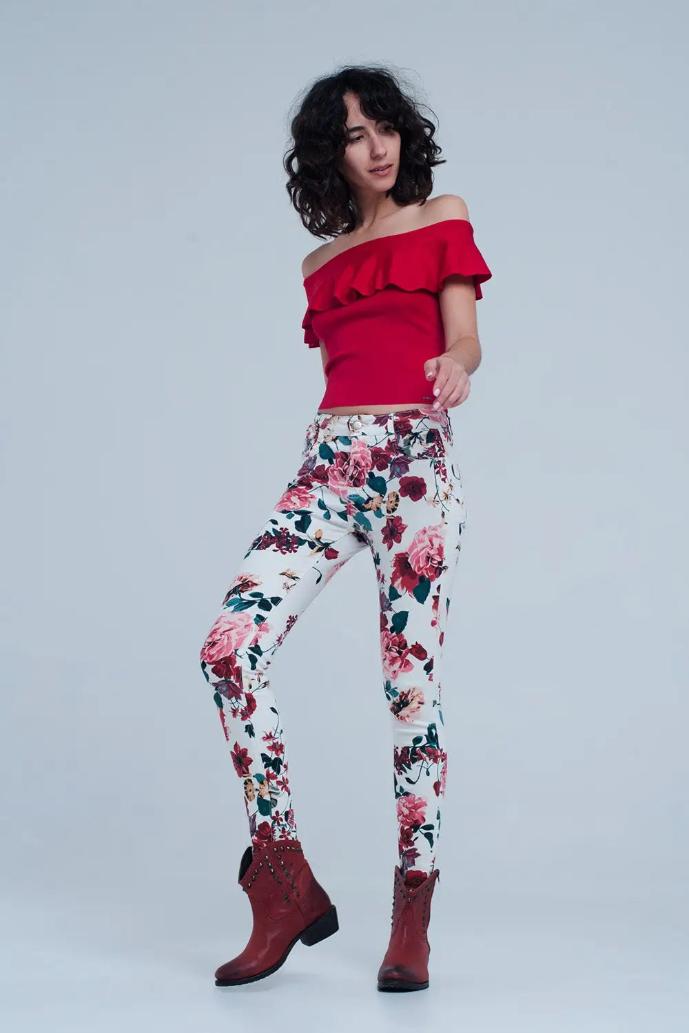 Jean blanc avec imprimé roses - Pantalons