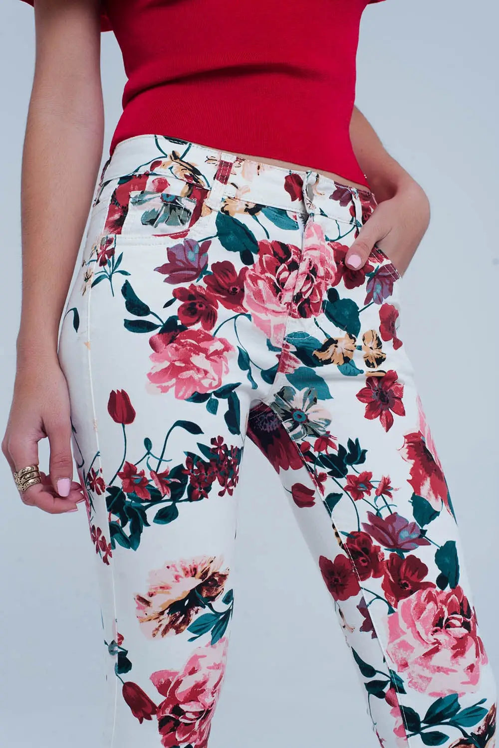 Jean blanc avec imprimé roses - Pantalons