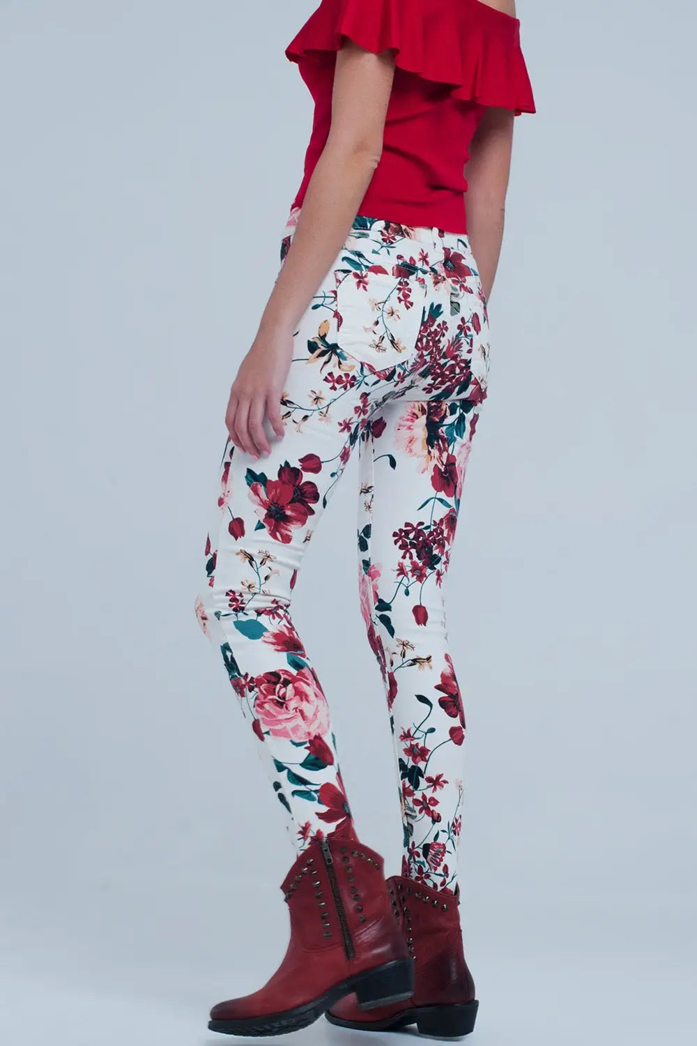 Jean blanc avec imprimé roses - Pantalons