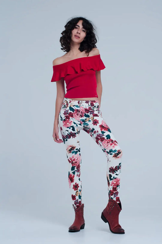 Jean blanc avec imprimé roses - Pantalons