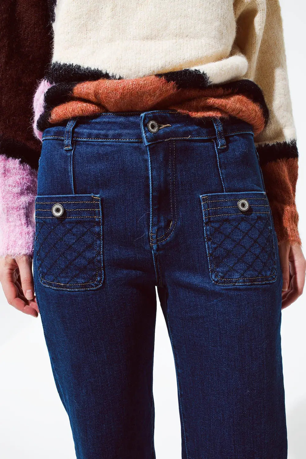 Jean bleu avec poches boutonnées en délavage foncé - Pantalons