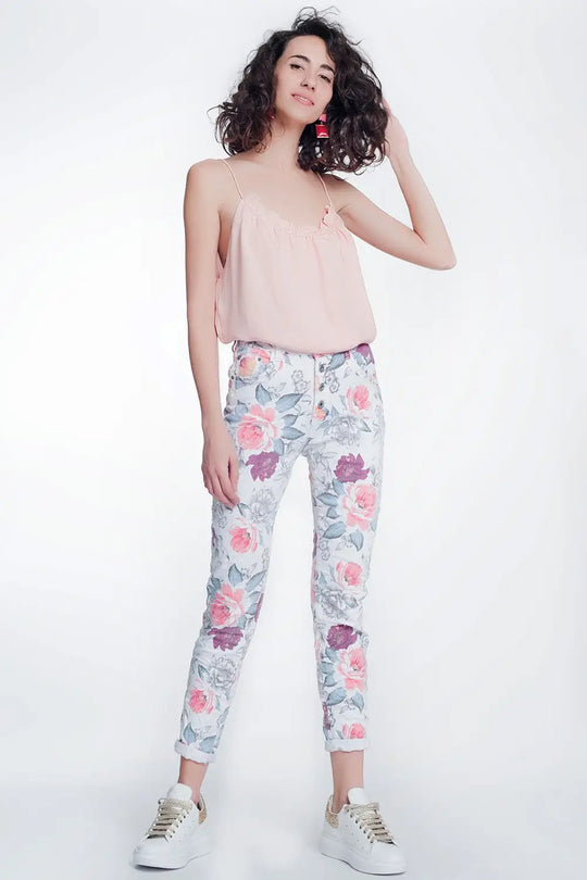 jean boyfriend blanc à imprimé floral - Pantalons