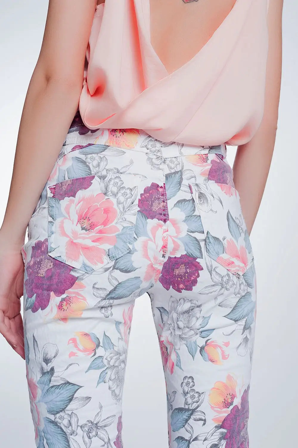 jean boyfriend blanc à imprimé floral - Pantalons