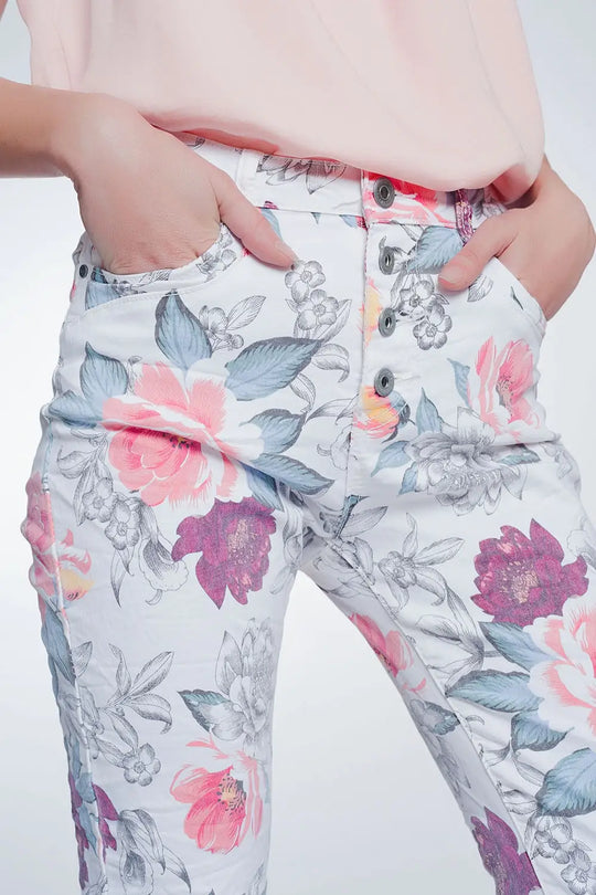 jean boyfriend blanc à imprimé floral - Pantalons