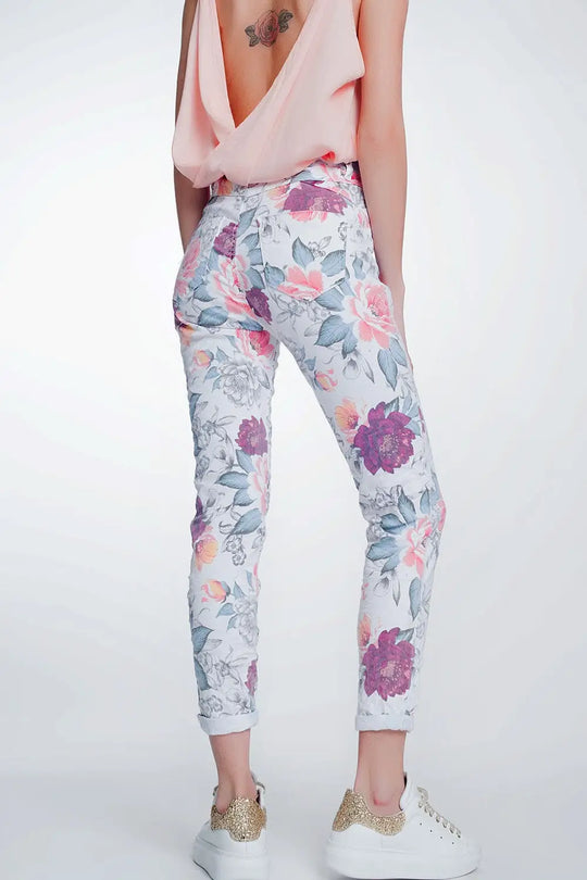 jean boyfriend blanc à imprimé floral - Pantalons