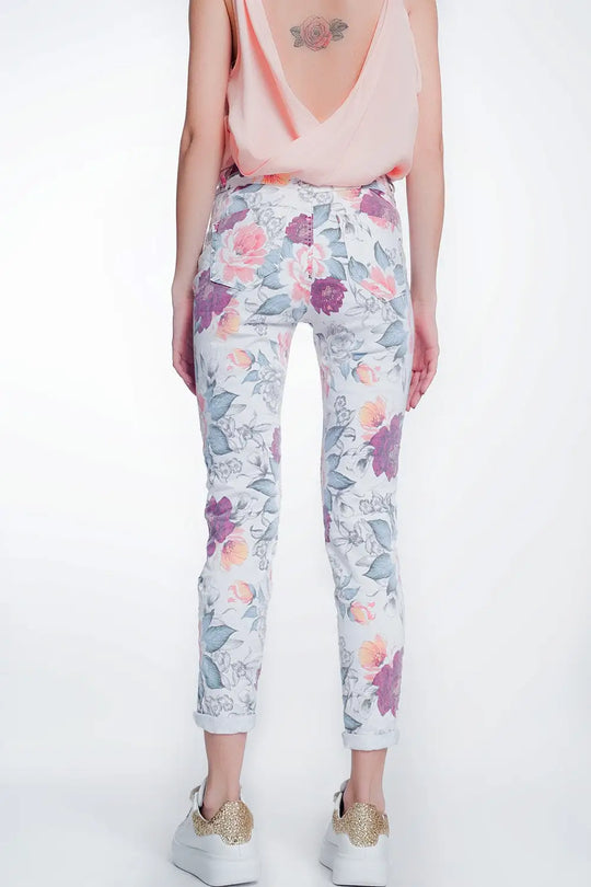 jean boyfriend blanc à imprimé floral - Pantalons