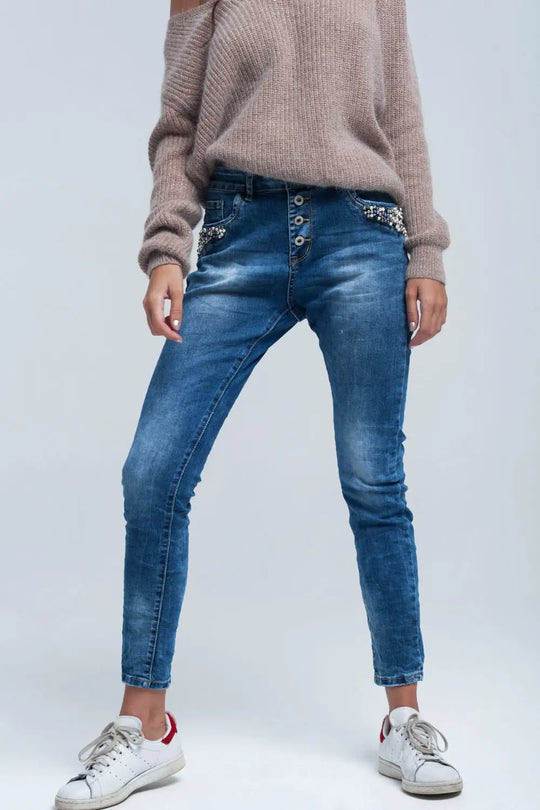 Jean boyfriend bleu à perles - Pantalons