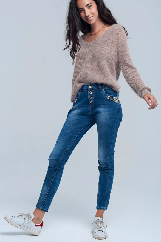 Jean boyfriend bleu à perles - Pantalons
