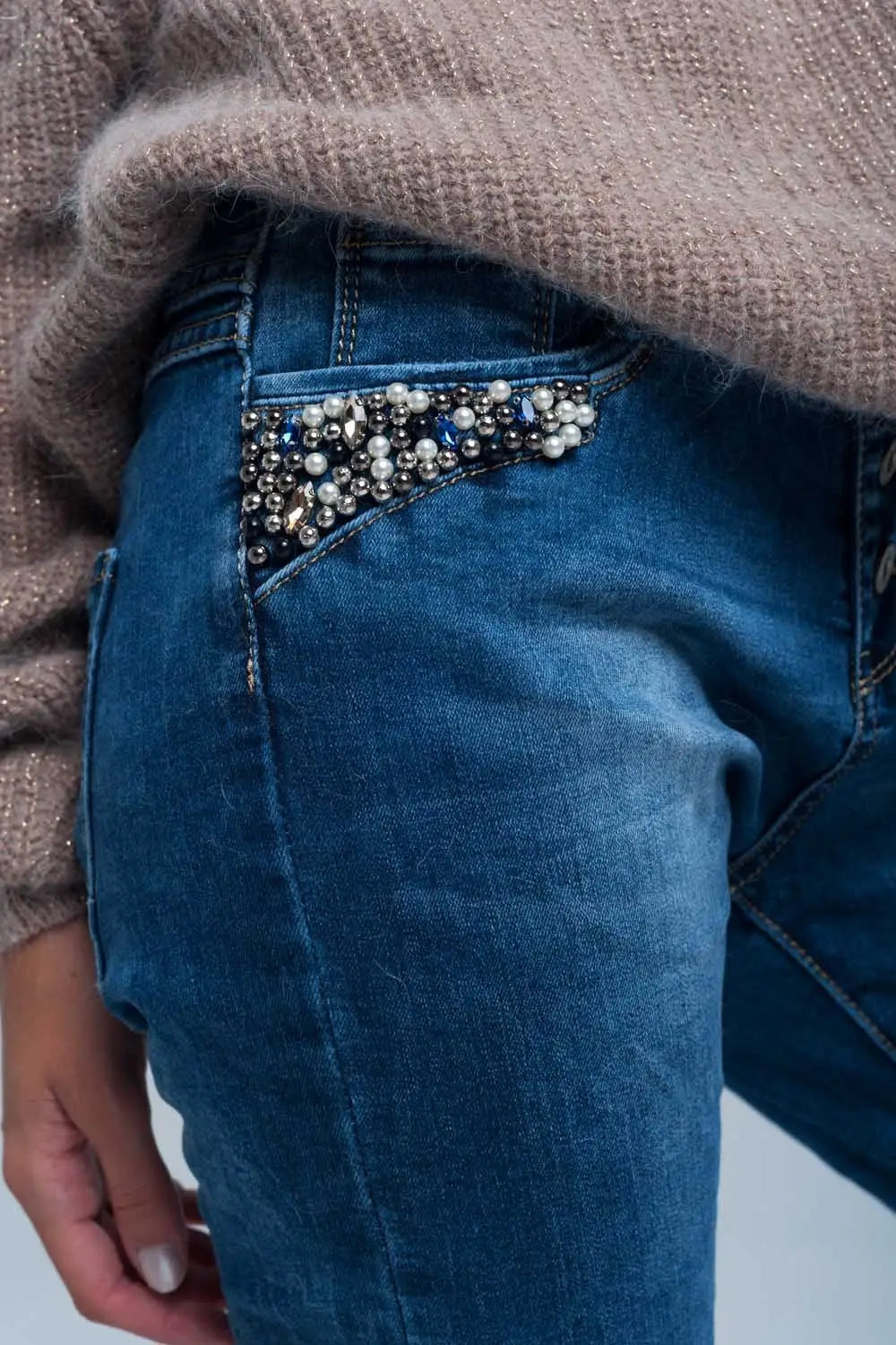 Jean boyfriend bleu à perles - Pantalons