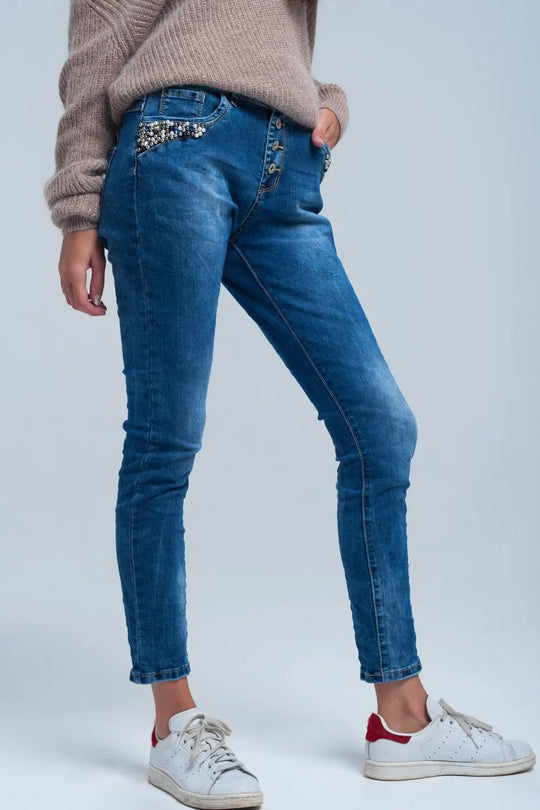 Q2 Jean boyfriend bleu à perles