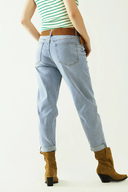 Jean boyfriend bleu clair avec détails de coutures sur les bords - Pantalons