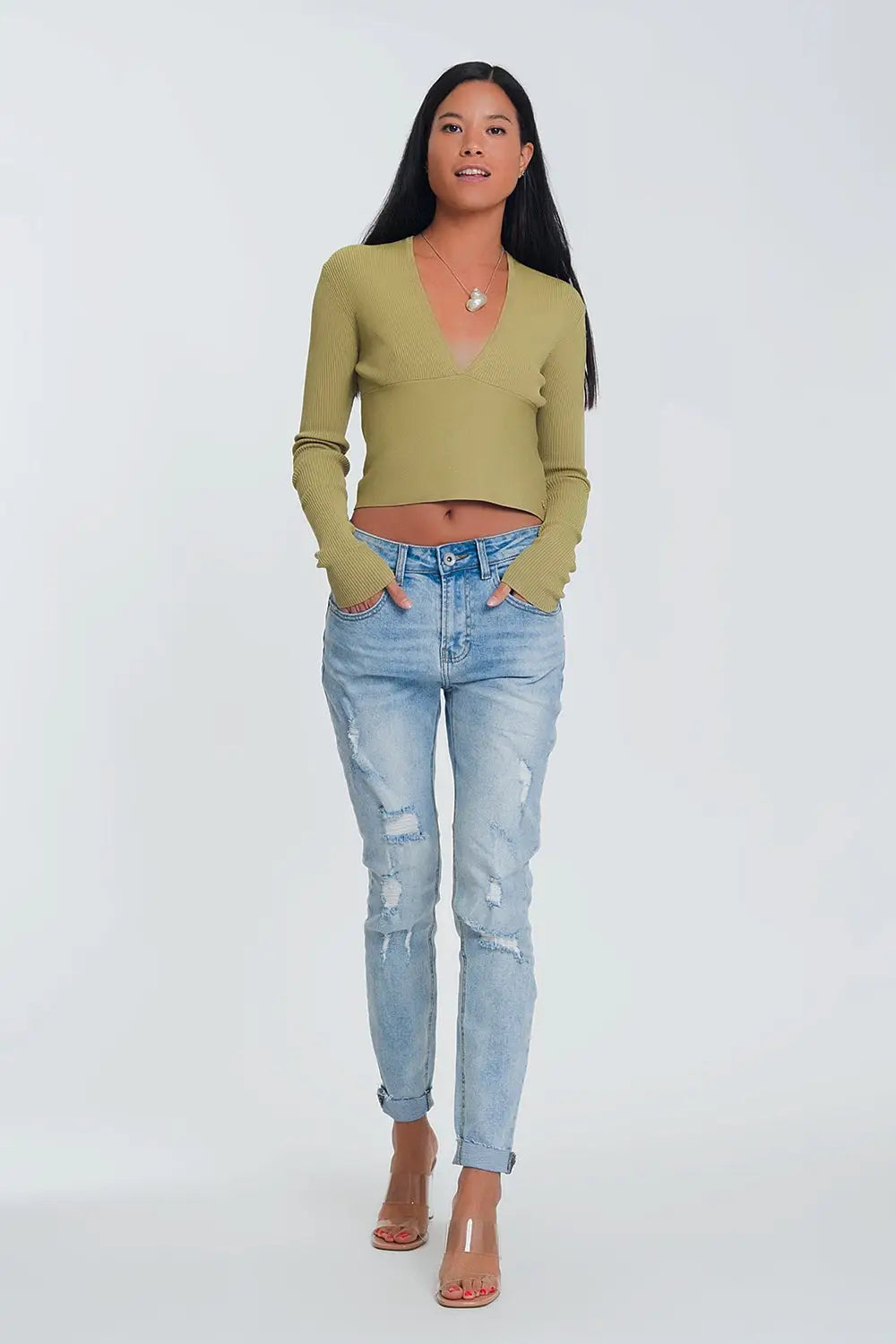 Jean boyfriend déchiré - Bleu clair - Pantalons