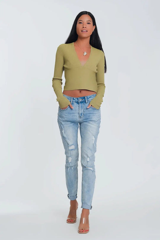 Jean boyfriend déchiré - Bleu clair - Pantalons