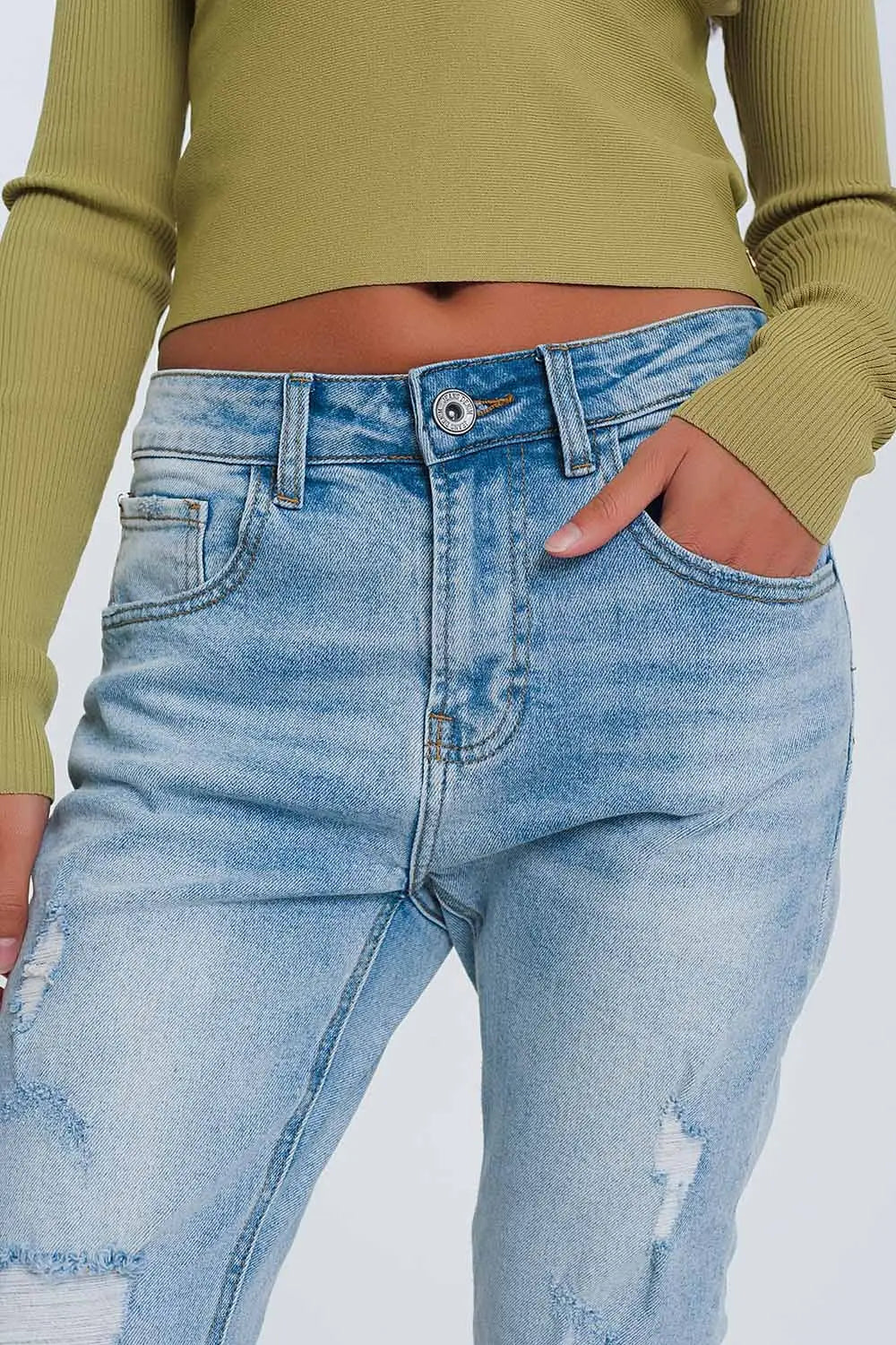 Jean boyfriend déchiré - Bleu clair - Pantalons