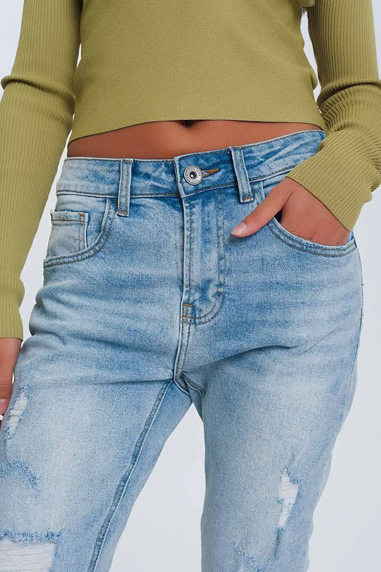 Jean boyfriend déchiré - Bleu clair - Pantalons
