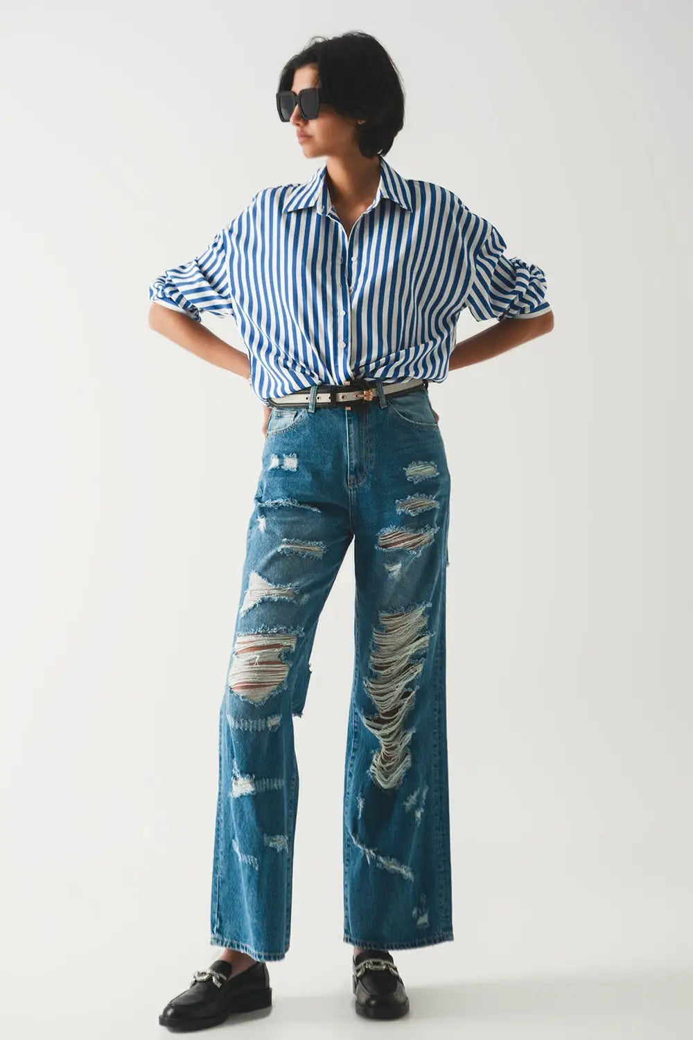 Jean boyfriend déchiré bleu - Pantalons