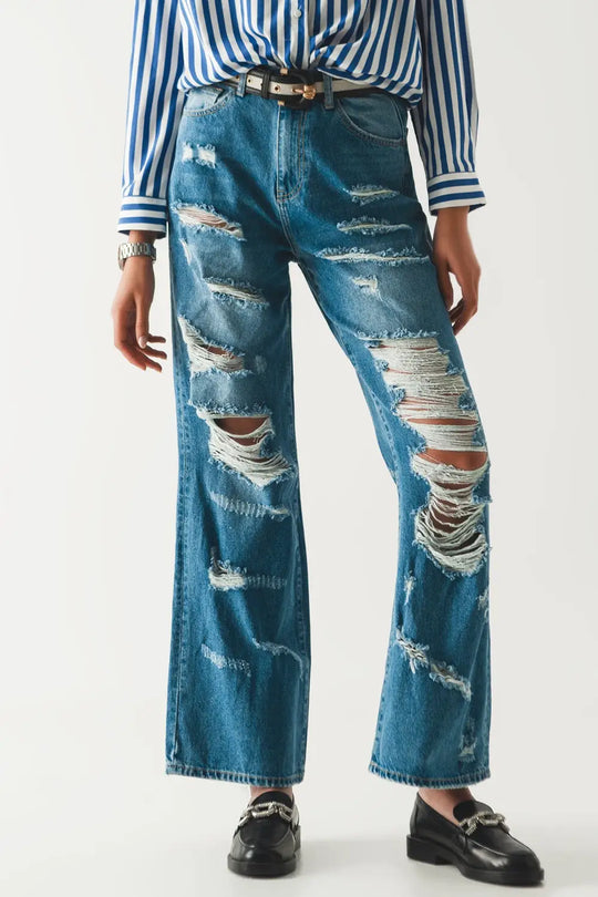 Jean boyfriend déchiré bleu - Pantalons