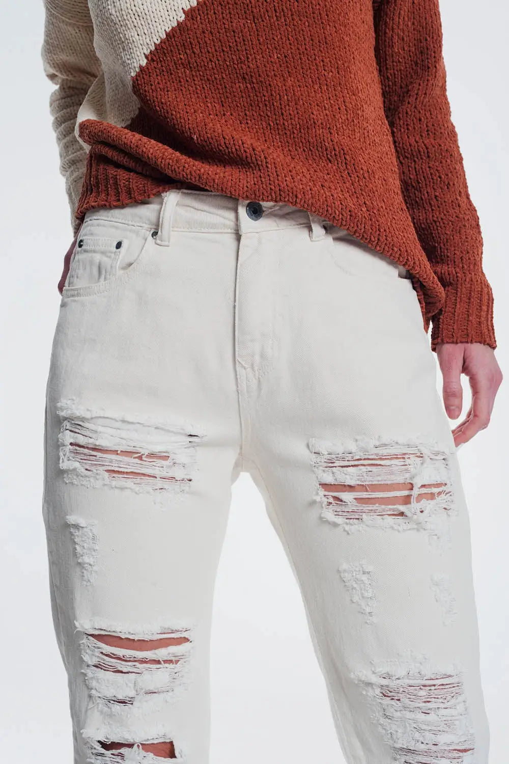 Jean boyfriend déchiré en beige - Pantalons