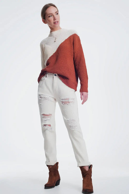 Jean boyfriend déchiré en beige - Pantalons