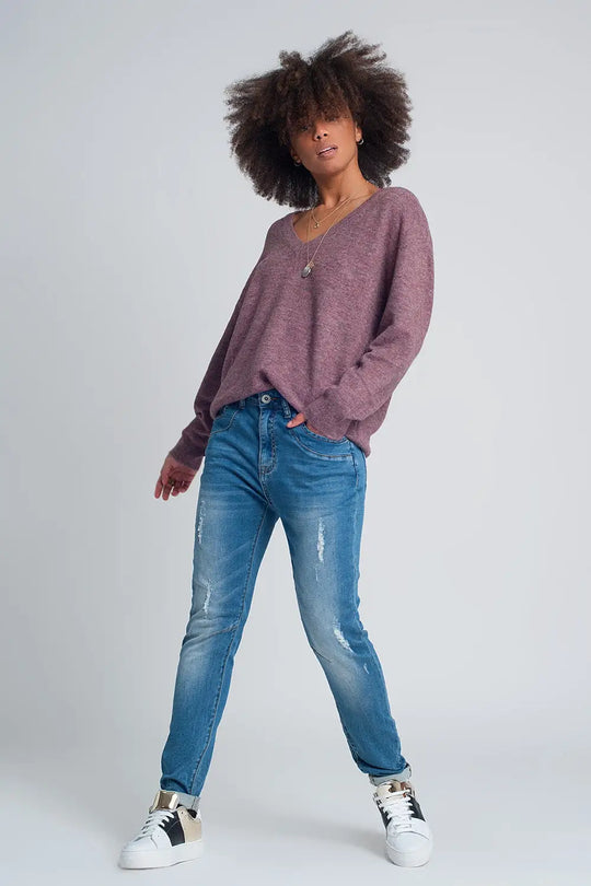 Jean boyfriend en denim fine déchiré délavage moyen - Pantalons