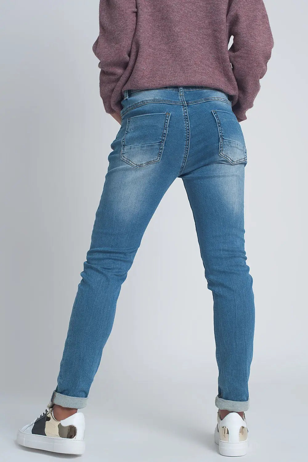 Jean boyfriend en denim fine déchiré délavage moyen - Pantalons