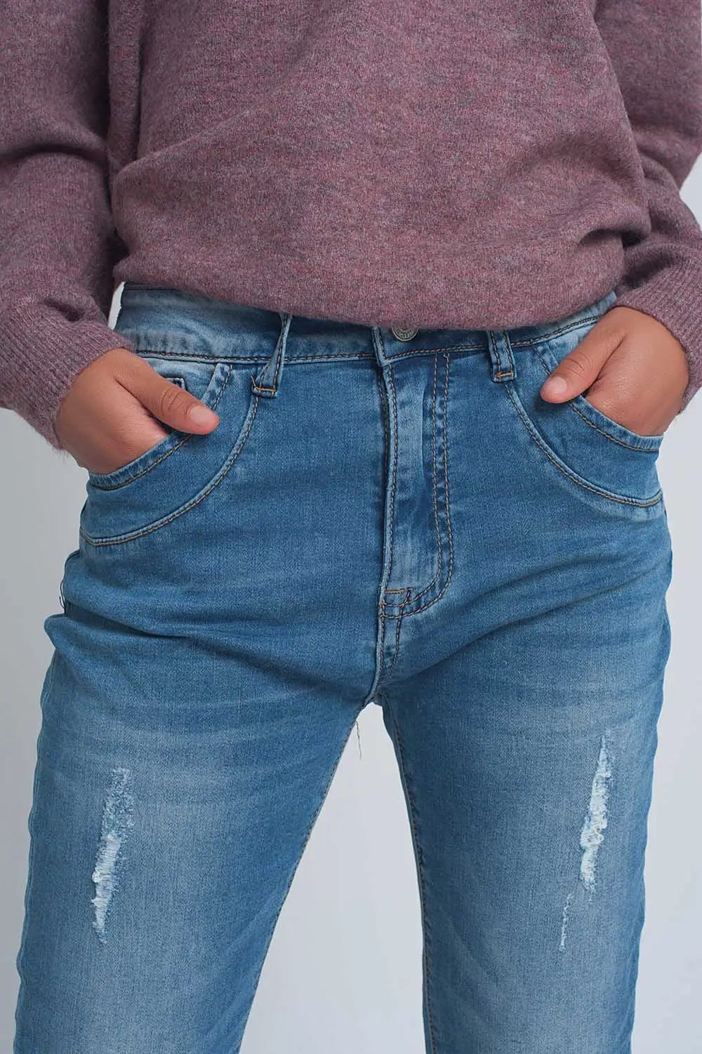 Jean boyfriend en denim fine déchiré délavage moyen - Pantalons