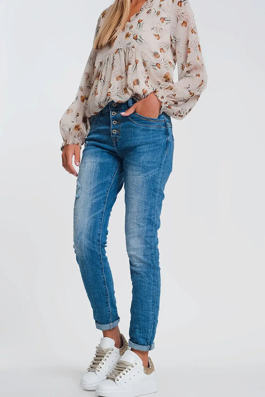 Jean boyfriend froissé en denim léger avec détails déchirés - Pantalons