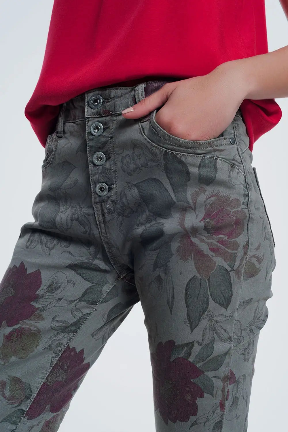 jean boyfriend kaki à imprimé floral - Pantalons