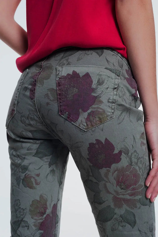 jean boyfriend kaki à imprimé floral - Pantalons