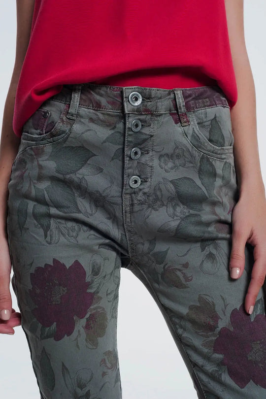 jean boyfriend kaki à imprimé floral - Pantalons