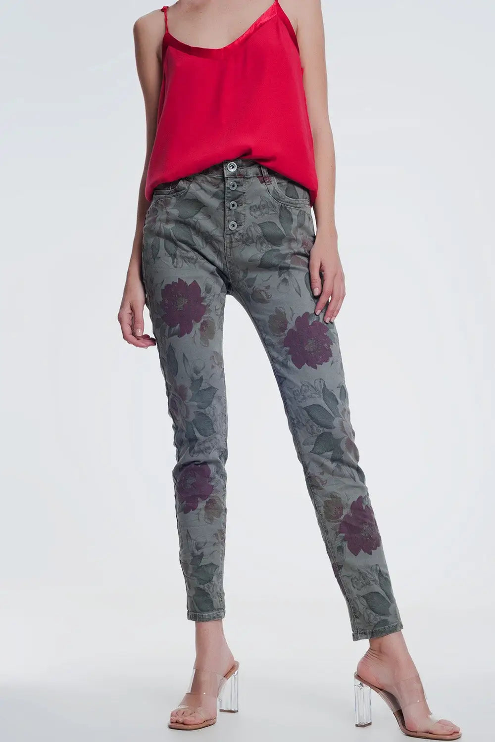 Q2 jean boyfriend kaki à imprimé floral