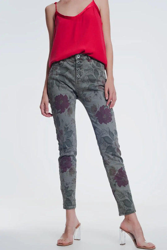 Q2 jean boyfriend kaki à imprimé floral
