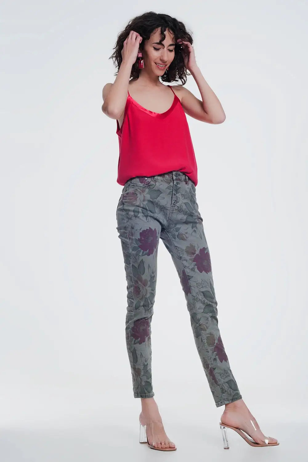 jean boyfriend kaki à imprimé floral - Pantalons