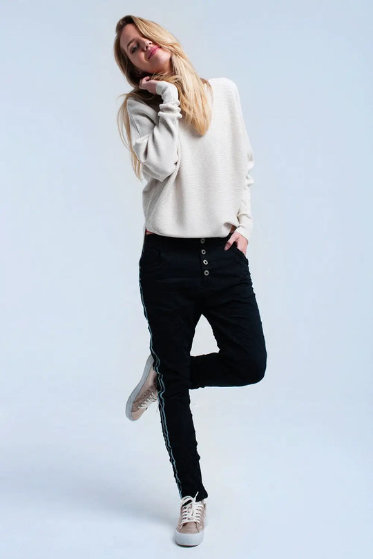 Jean boyfriend noir avec des boutons - Pantalons