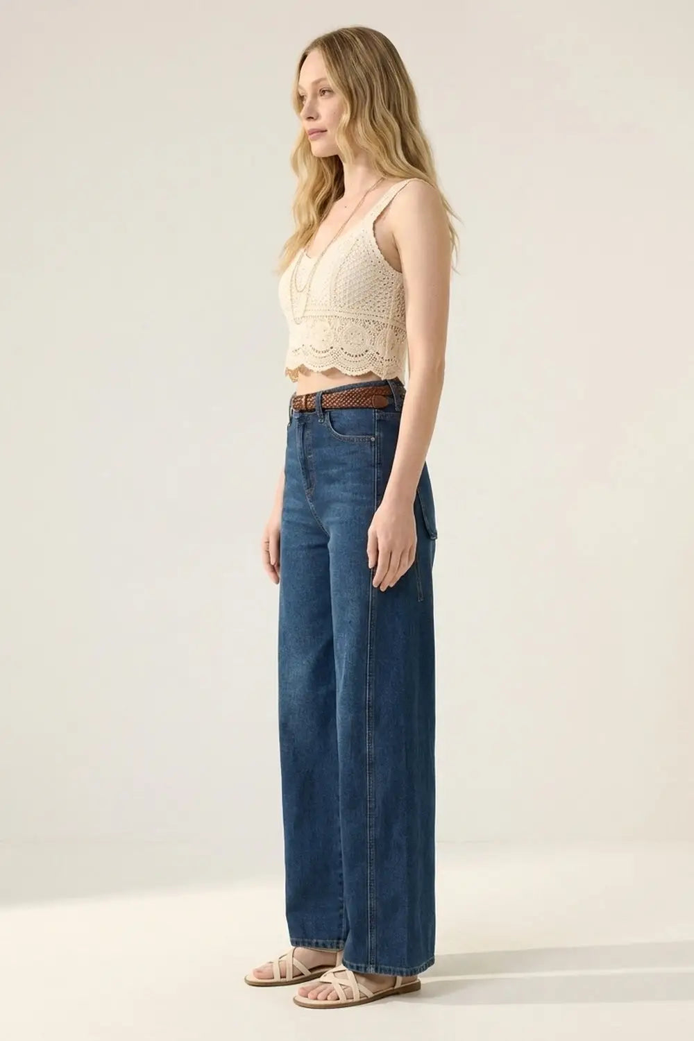 Jean classique à jambes larges en denim bleu avec couture - Pantalons