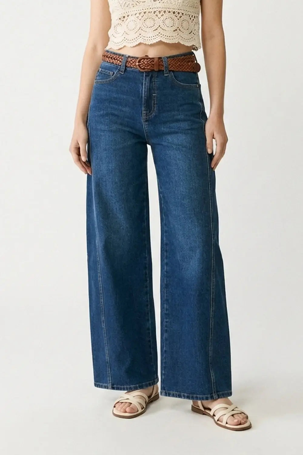 Jean classique à jambes larges en denim bleu avec couture - Pantalons